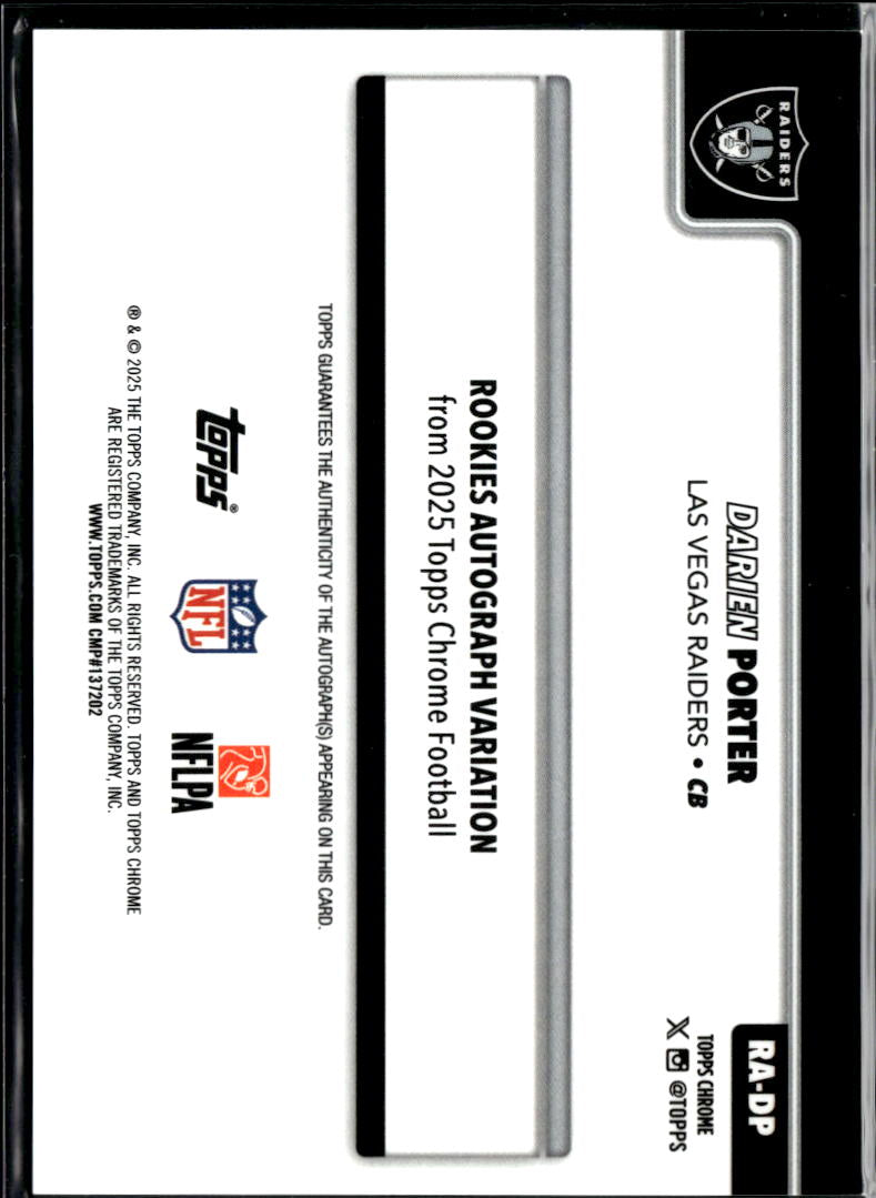 Darien Porter 2025 Topps Chrome Auto Autograph RC Green 78/99 Las Vegas Raiders