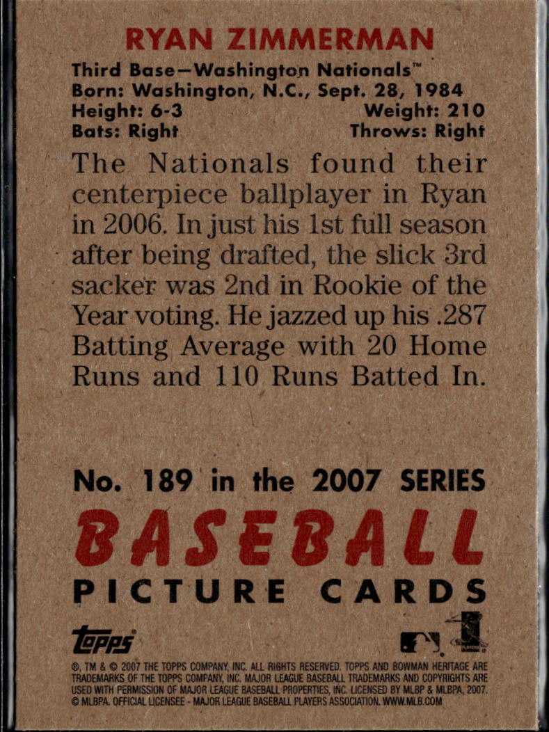 Ryan Zimmerman 2007 Bowman Heritage SSP SHORTPRINT Washington Nationals