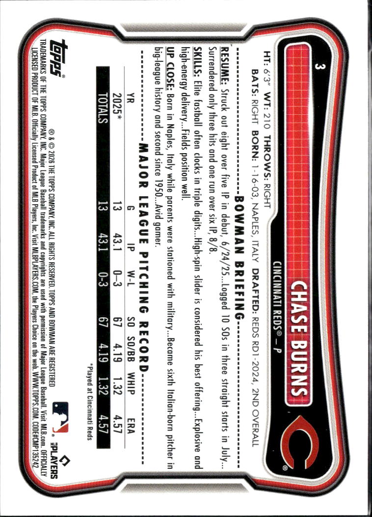 Chase Burns 2026 Topps Bowman RC Green /99 Cincinnati Reds