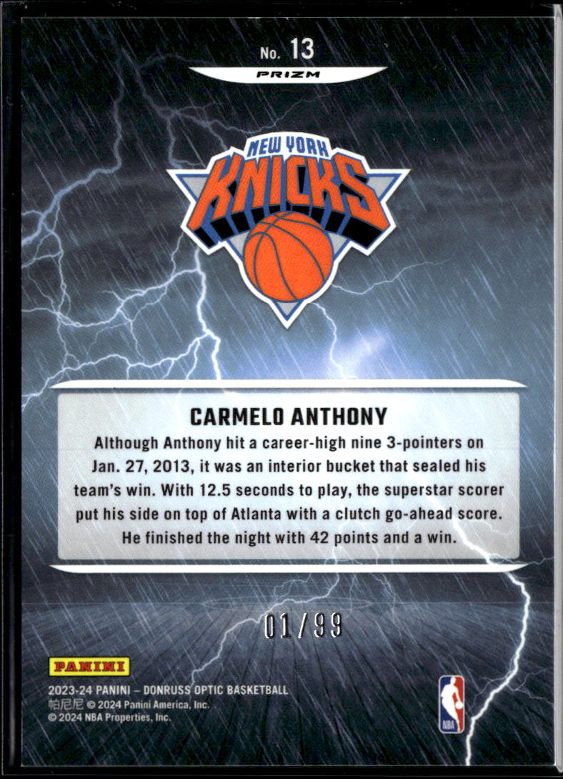 Carmelo Anthony 2024 Optic Raining 3s Red Prizm 1/99 New York Knicks