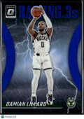 Damian Lillard 2024 Optic Raining 3s Blue Prizm 34/49 Milwaukee Bucks
