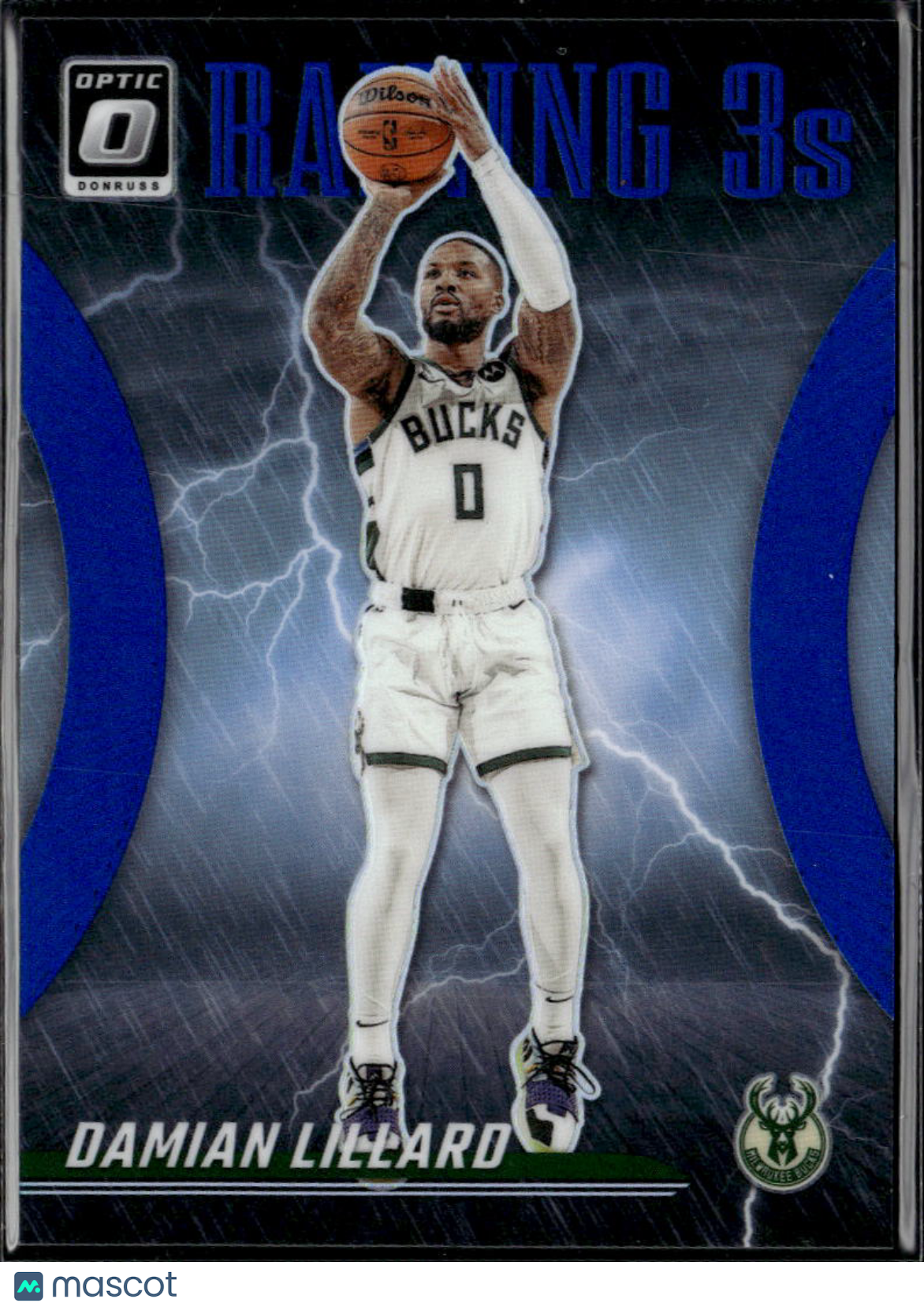 Damian Lillard 2024 Optic Raining 3s Blue Prizm 34/49 Milwaukee Bucks