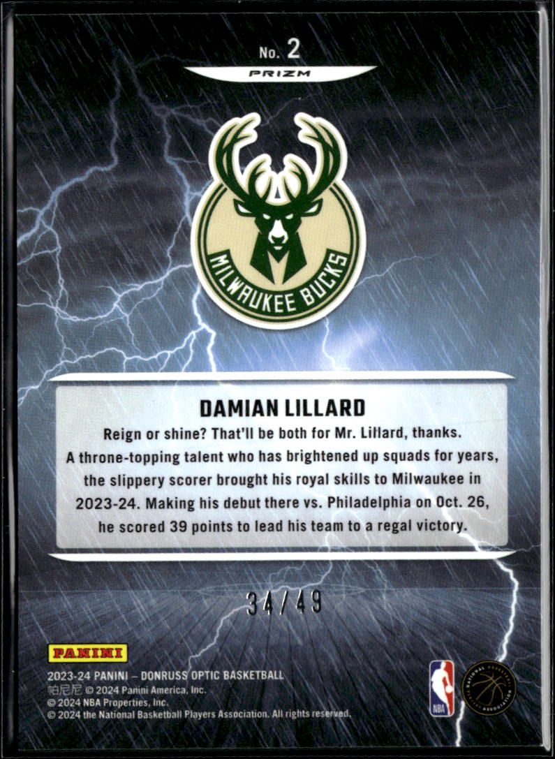 Damian Lillard 2024 Optic Raining 3s Blue Prizm 34/49 Milwaukee Bucks