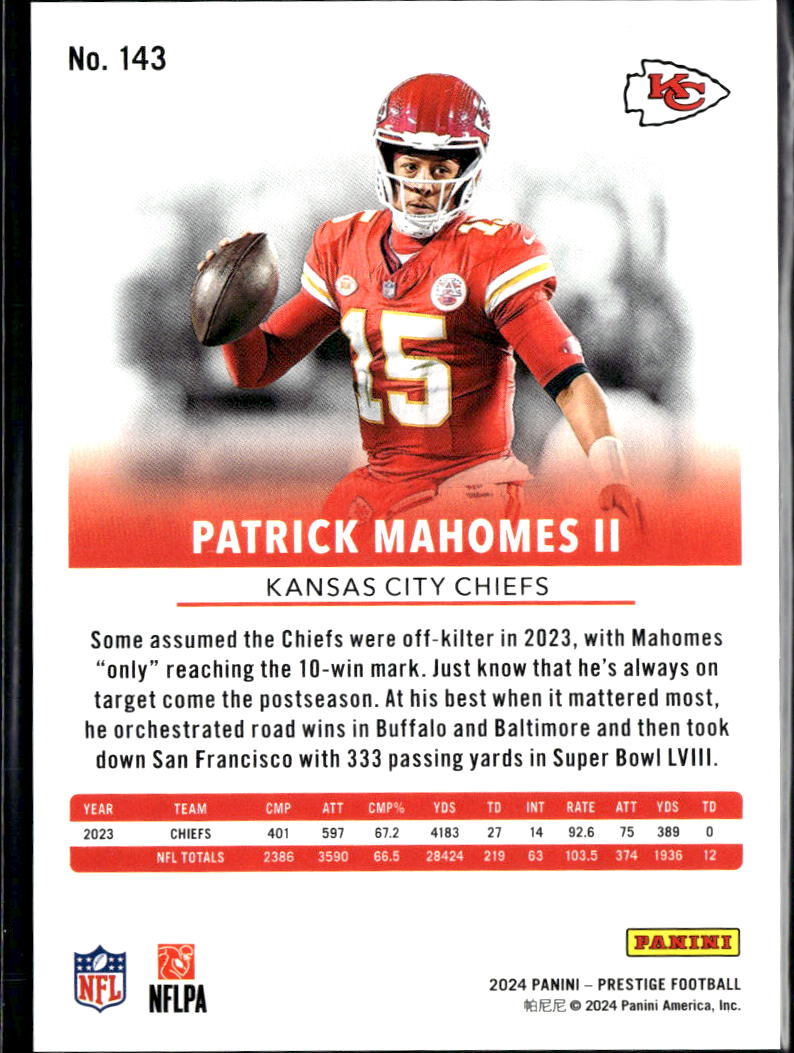 Patrick Mahomes II 2024 Prestige Blue Xtra Points 283/599 Kansas City Chiefs