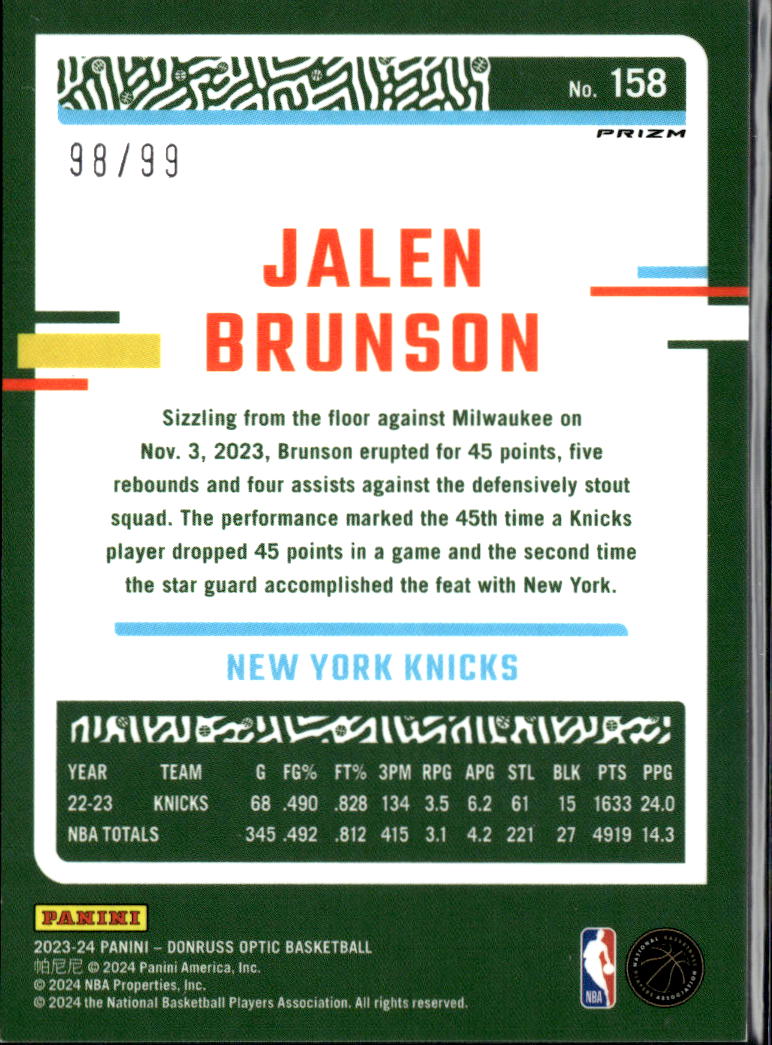 Jalen Brunson 2023-24 Optic Copper Glitter Prizm /99 New York Knicks