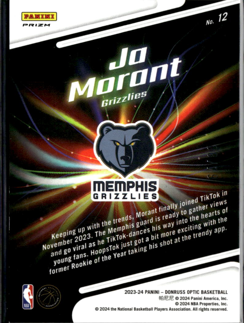 Ja Morant 2023-24 Optic Lights Out Pink Velocity Prizm 8/79 Memphis Grizzlies