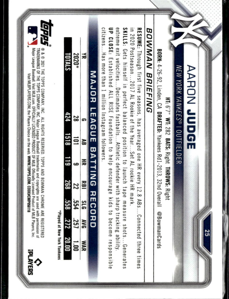 Aaron Judge 2021 Bowman Chrome Sapphire Refractor #25 New York Yankees