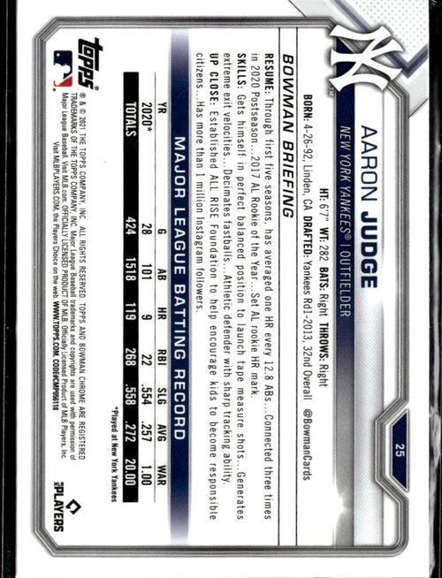 Aaron Judge 2021 Bowman Chrome Sapphire Refractor #25 New York Yankees
