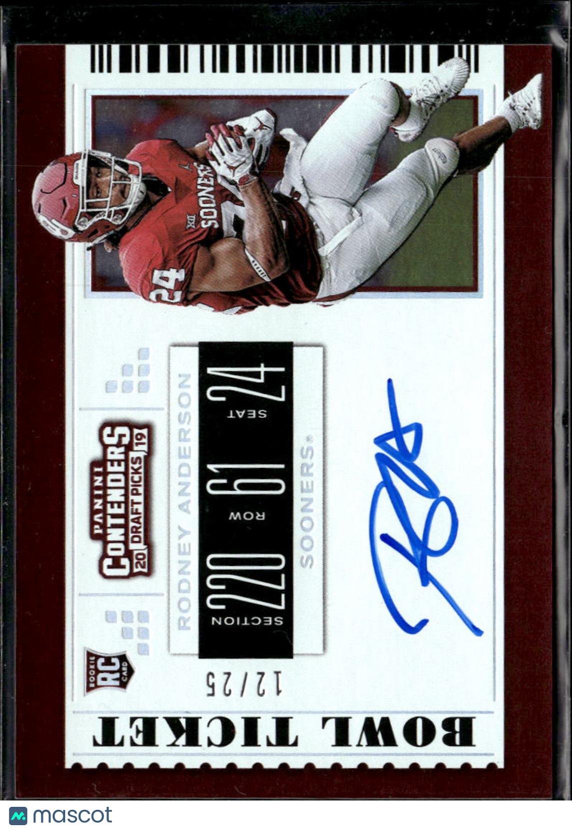 Rodney Anderson 2019 Contenders Auto Autograph RC 12/25 Oklahoma Sooners