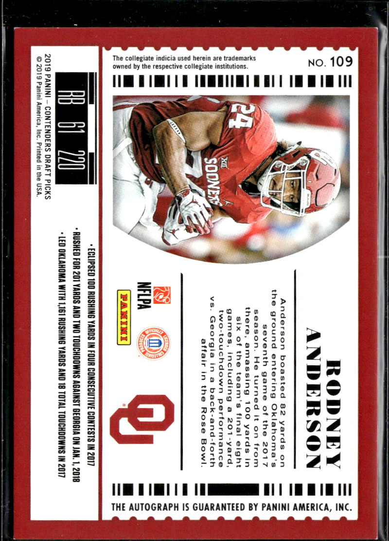 Rodney Anderson 2019 Contenders Auto Autograph RC 12/25 Oklahoma Sooners