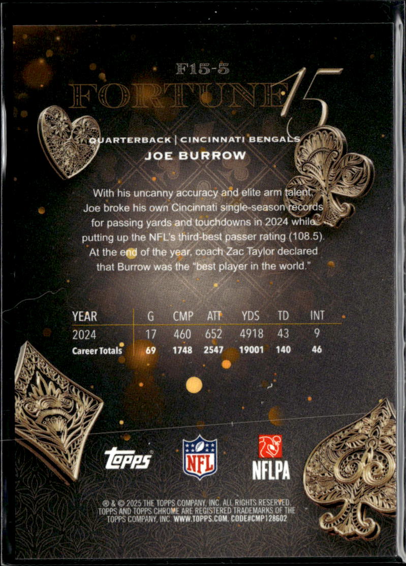 Joe Burrow 2025 Topps Chrome Fortune 15 GOLD Refractor 2/50 Cincinnati Bengals