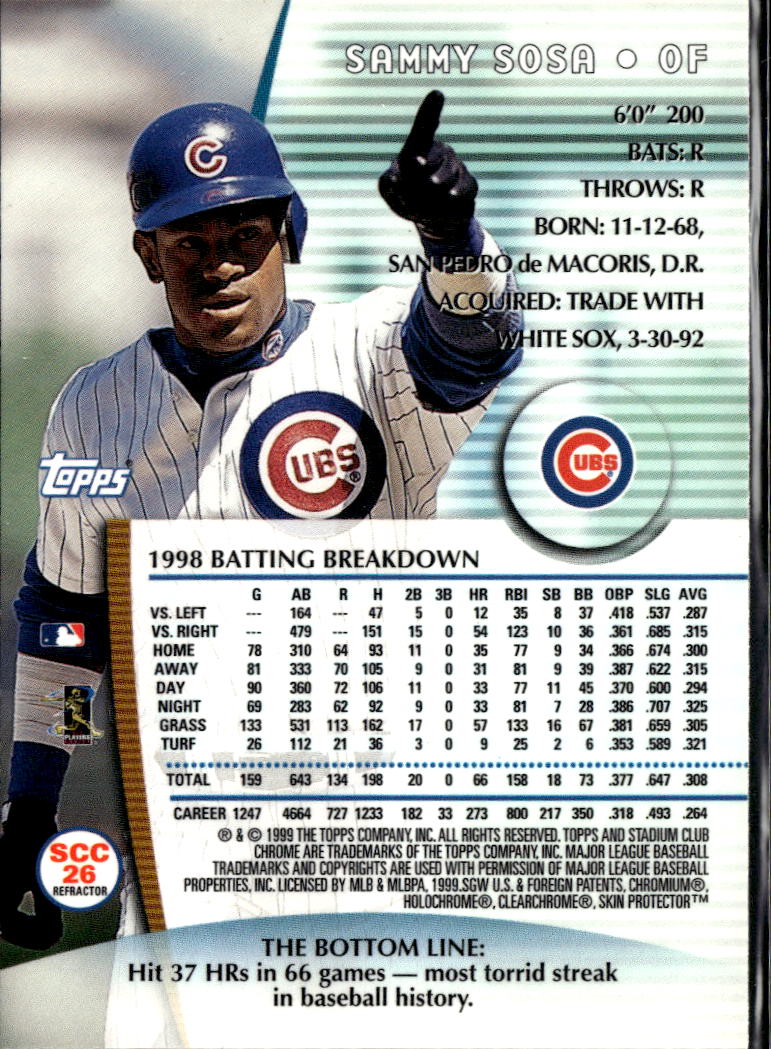 Sammy Sosa 1999 Topps Stadium Club Chrome Refractor Chicago Cubs