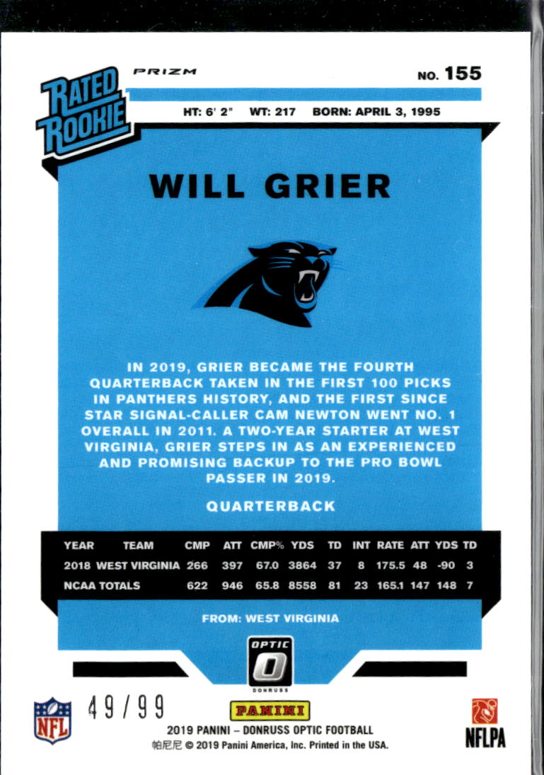 Will Grier 2019 Optic Rated Rookie RC Red Prizm 49/99 Carolina Panthers
