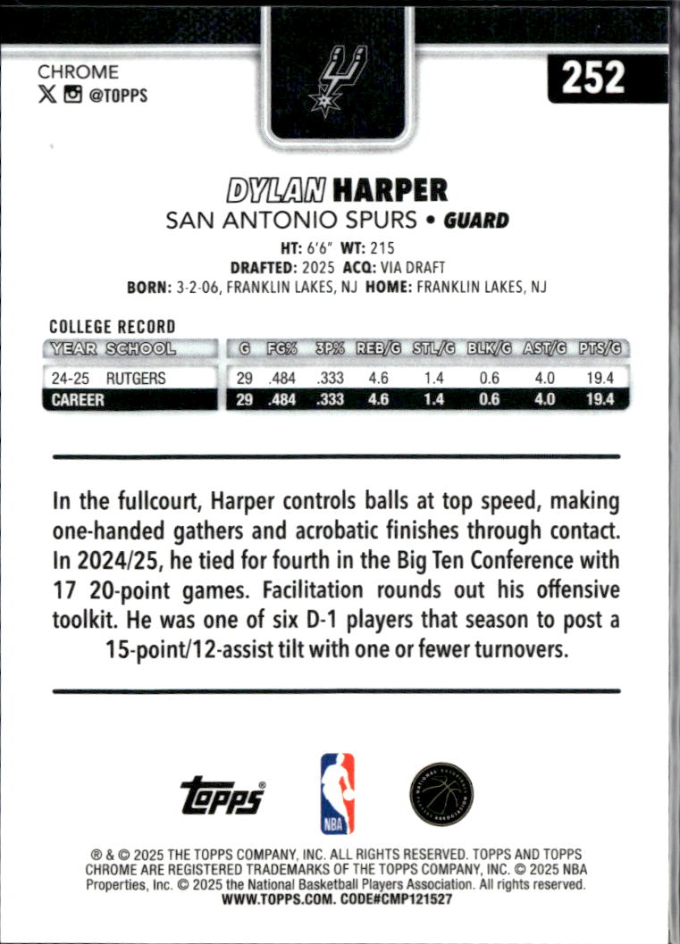 Dylan Harper 2025 Topps Chrome Orange Pulsar Refractor Rookie RC 24/25 Spurs
