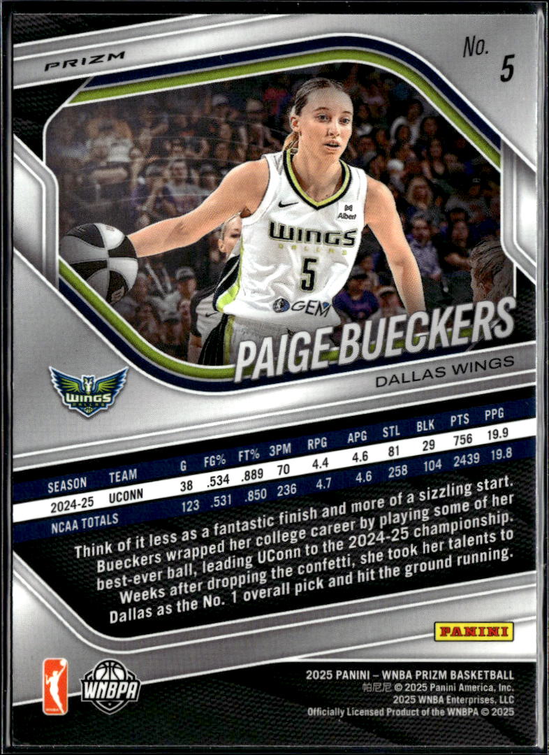 Paige Bueckers 2025 Prizm White Shock Prizm Rookie RC Dallas Wings
