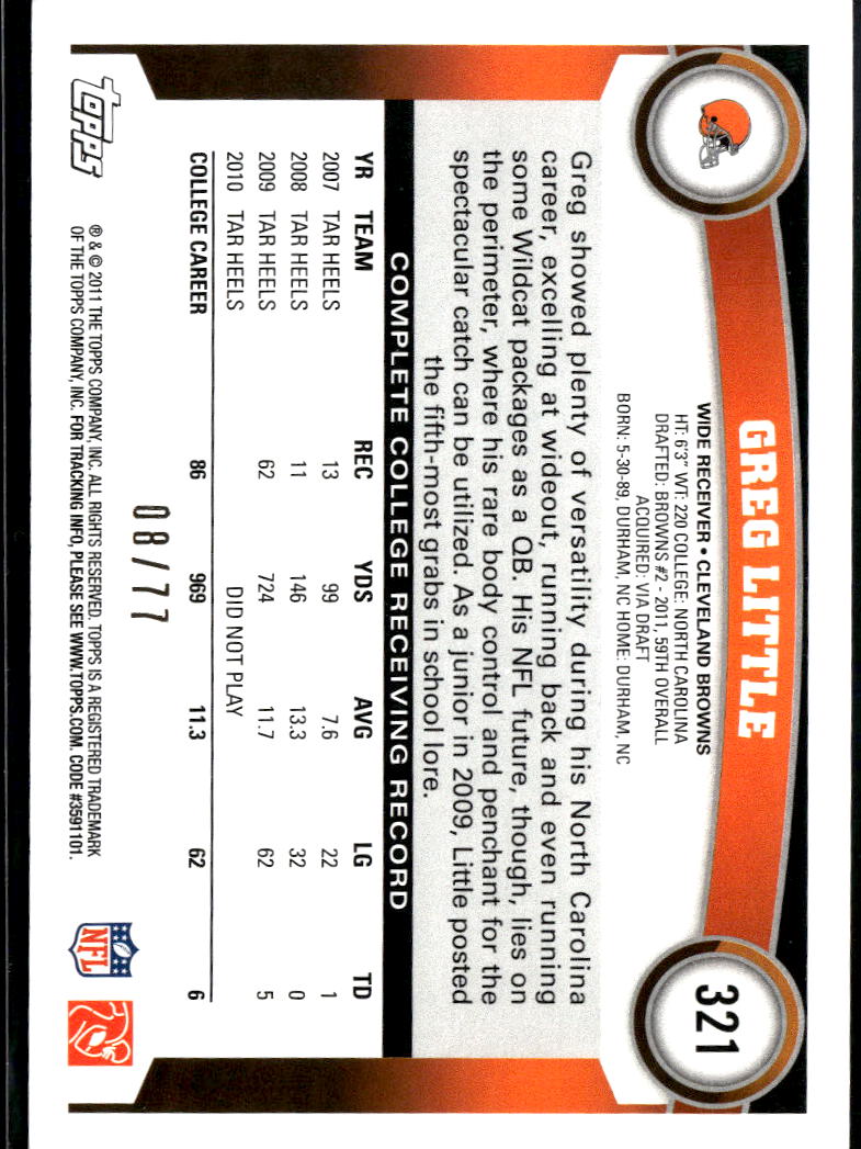 Greg Little 2011 Topps Red Border Rookie RC 8/77 Cleveland Browns