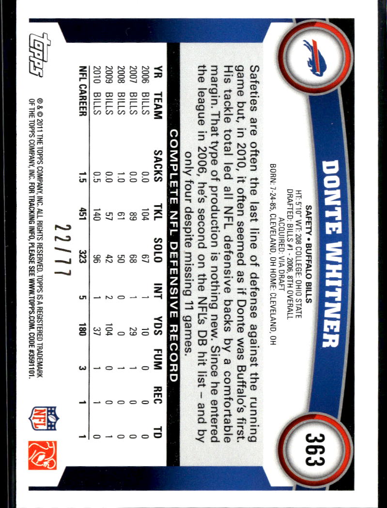 Donte Whitner 2011 Topps Red Border 22/77 Buffalo Bills