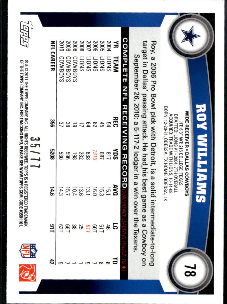 Roy Williams 2011 Topps Red Border 35/77 Dallas Cowboys