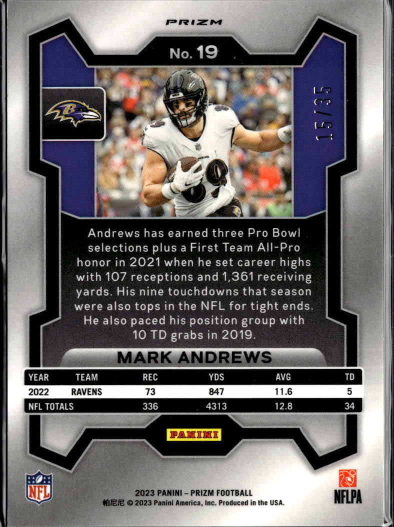 Mark Andrews 2023 Prizm Purple Disco Prizm 15/35 Baltimore Ravens