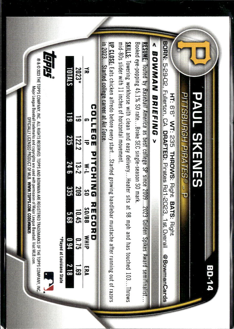 Paul Skenes 2023 Bowman Draft 1st Rookie RC Pittsburgh Pirates