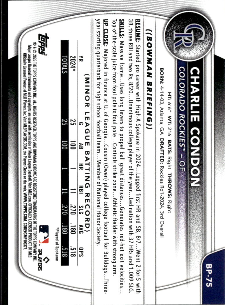 Charlie Condon 2025 Bowman 1st Purple Rookie RC 131/299 Colorado Rockies