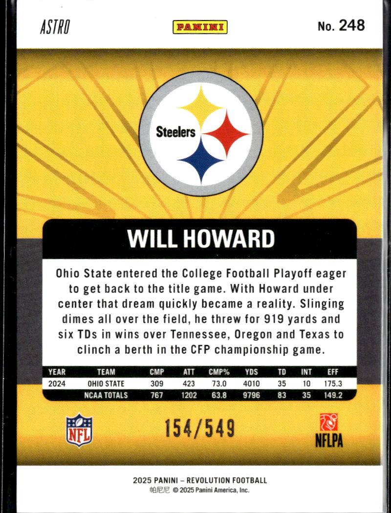 Will Howard 2025 Revolution RC Astro Rookie 154/549 Pittsburgh Steelers