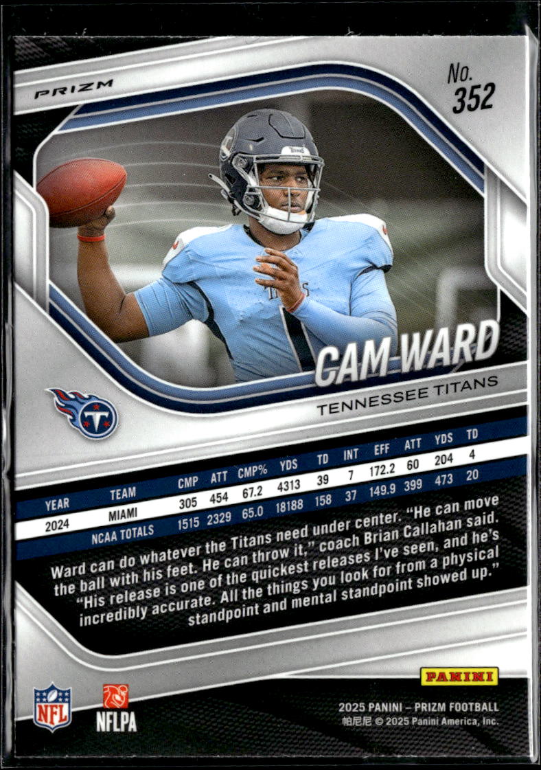 Cam Ward 2025 Panini Prizm RC Green Pulsar Prizm #352 Tennessee Titans