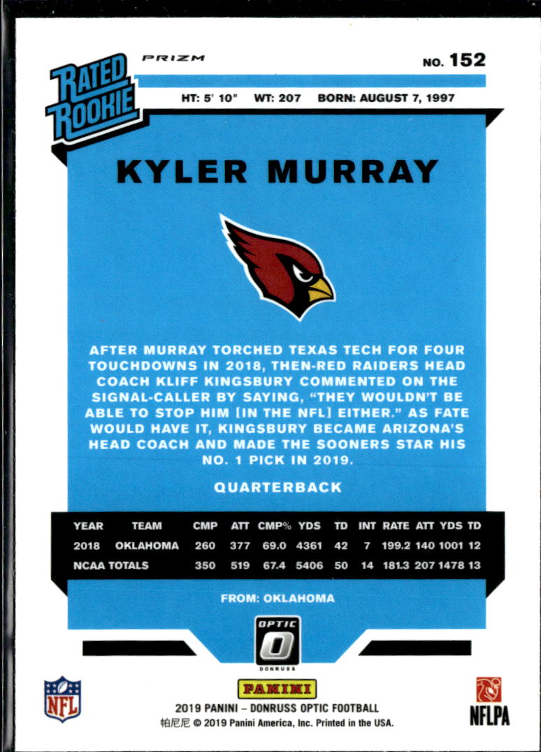 Kyler Murray 2019 Optic Rated Rookie Bronze Prizm RC Arizona Cardinals