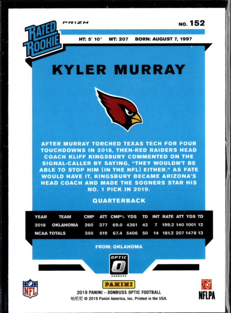 Kyler Murray 2019 Optic Rated Rookie Green Velocity Prizm RC Arizona Cardinals