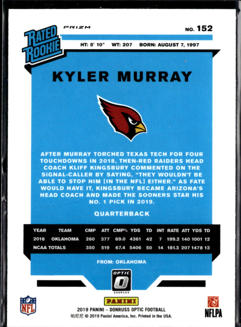 Kyler Murray 2019 Optic Rated Rookie Pink Prizm RC Arizona Cardinals