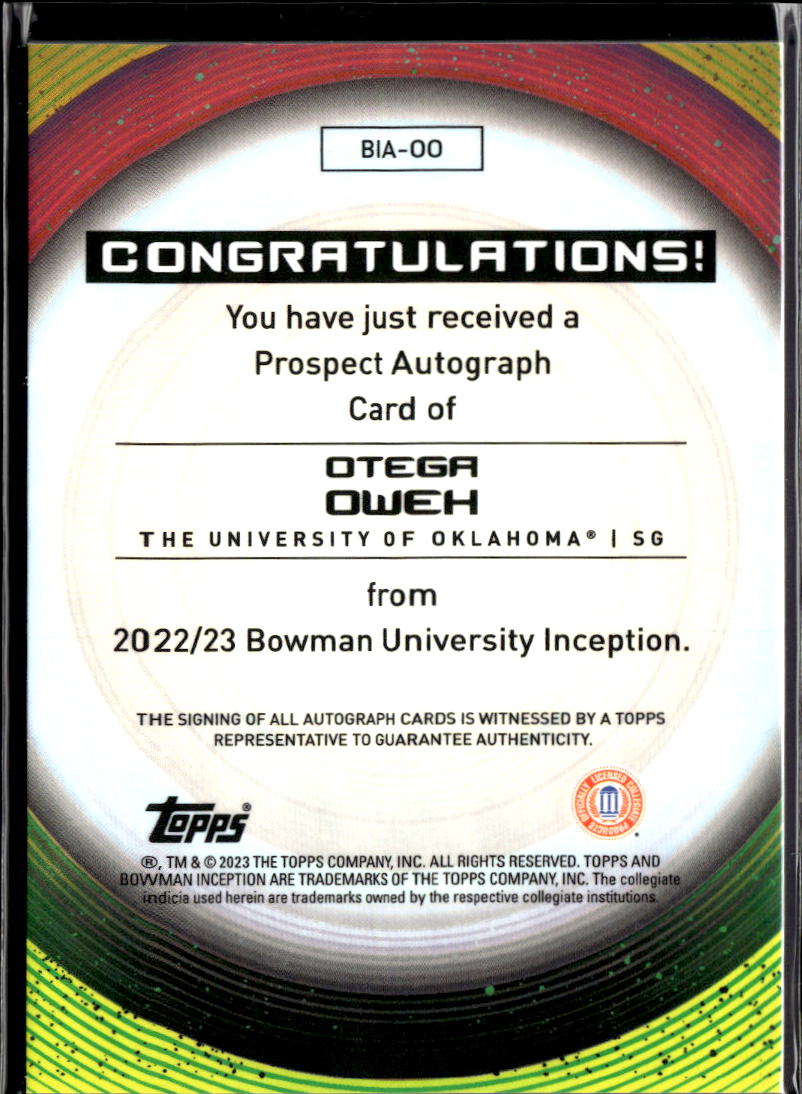 Otega Oweh 2023 Bowman Inception Auto Autograph GOLD RC 11/50 Oklahoma Sooners