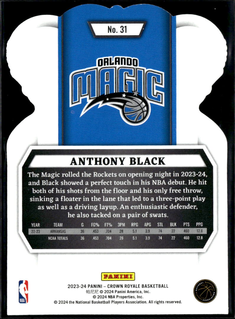 Anthony Black 2023-24 Crown Royale Pink Rookie RC 8/75 Orlando Magic