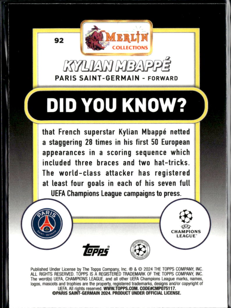Kylian Mbappe 2024 Topps Merlin Atomic Refractor 54/250 Paris Saint-Germain