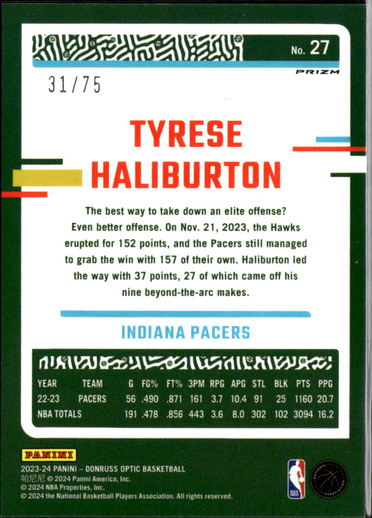 Tyrese Haliburton 2023-24 Optic Red Glitter Prizm 31/75 Indiana Pacers