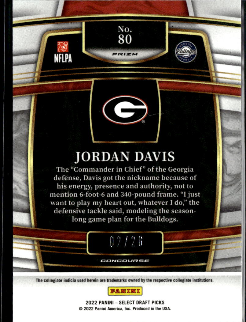 Jordan Davis 2022 Select Draft Picks Orange Pulsar Prizm Rookie RC Georgia 2/26
