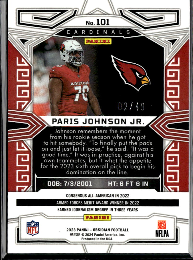 Paris Johnson Jr. 2023 Obsidian Orange Rookie RC 2/49 Arizona Cardinals