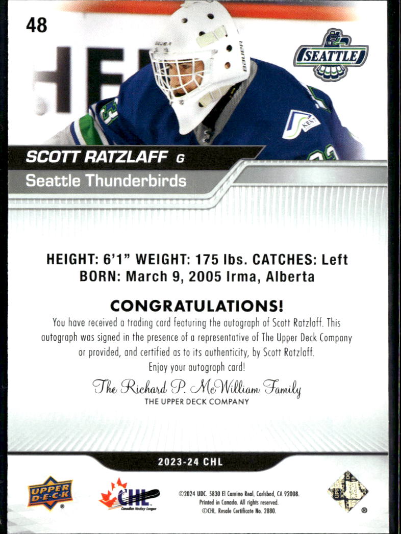 Scott Ratzlaff 2024 Upper Deck CHL Auto Autograph Seattle Thunderbirds