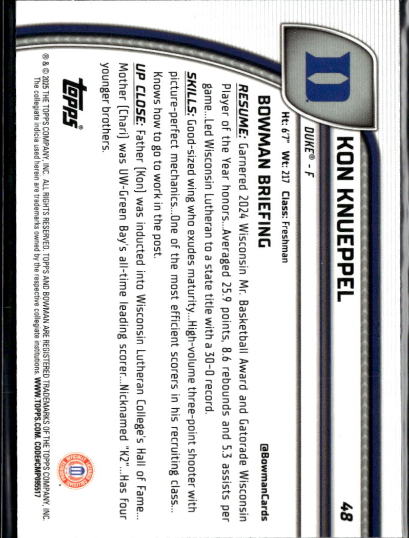 Kon Knueppel 2025 Bowman Chrome 1st Green Sapphire RC Duke 25/65