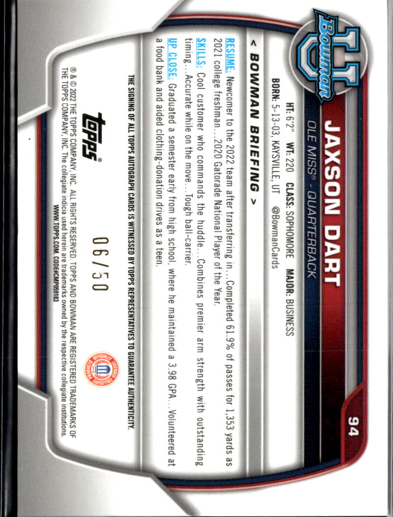 Jaxson Dart 2022 Bowman Chrome 1st Auto Autograph GOLD RC Ole Miss 6/50