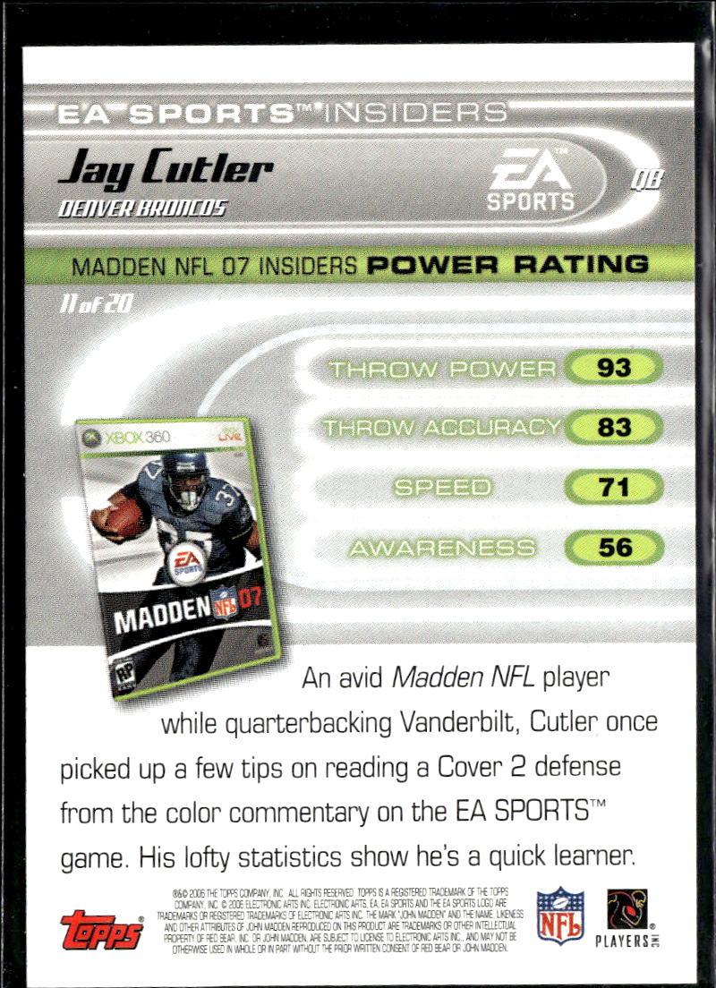 Jay Cutler 2006 Topps Madden NFL 07 EA Sports Insiders Denver Broncos