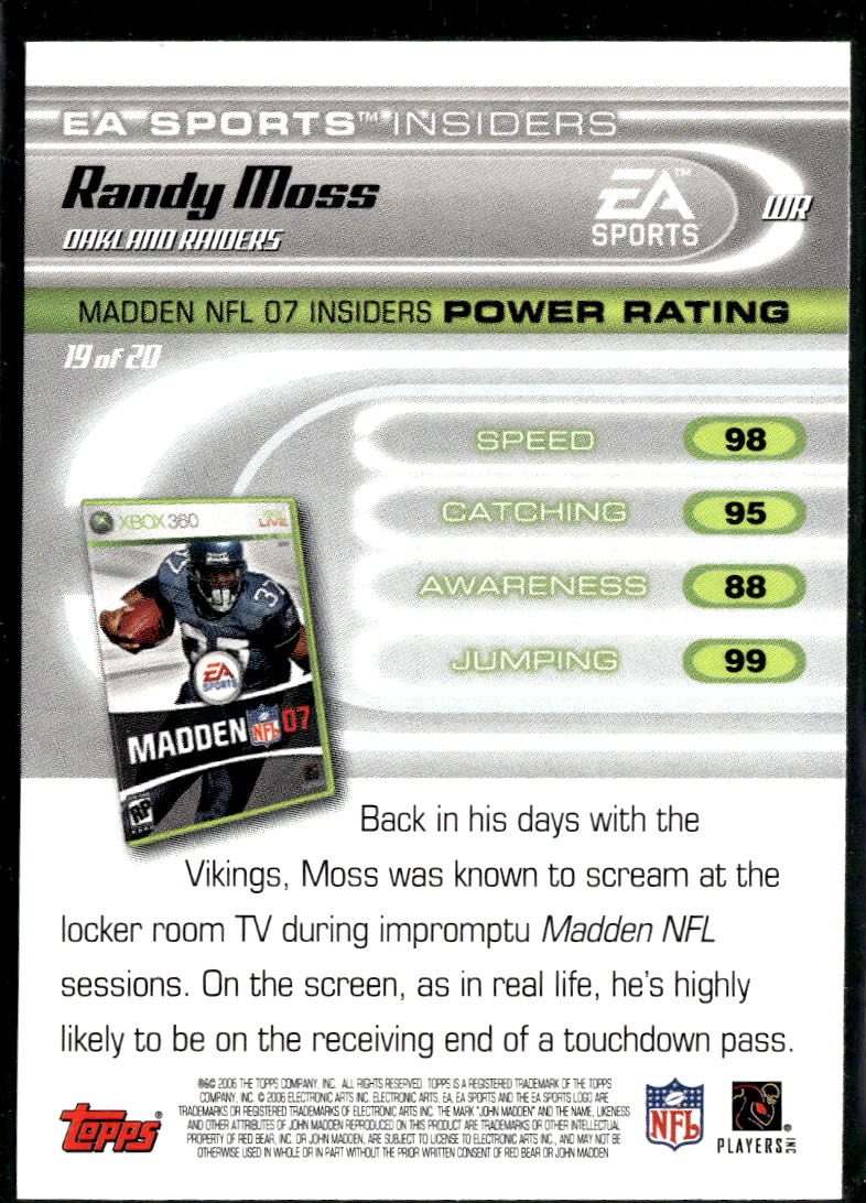 Randy Moss 2006 Topps EA Sports Madden NFL 07 Insiders Oakland Raiders