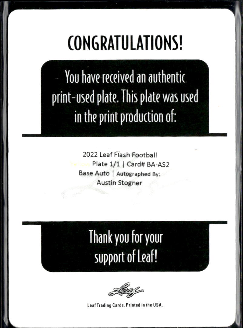 Austin Stogner 2022 Leaf Printing Plate Auto Autograph RC 1/1 Oklahoma Sooners