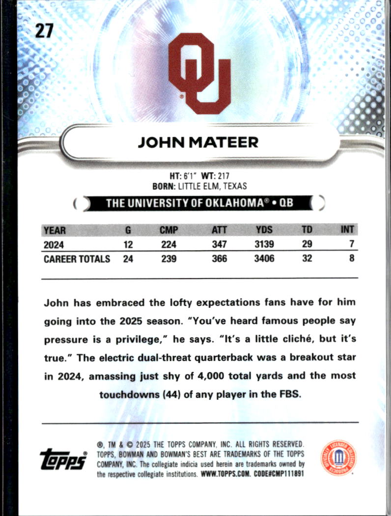 John Mateer 2025 Bowman's Best Black Refractor RC 9/10 Oklahoma Sooners
