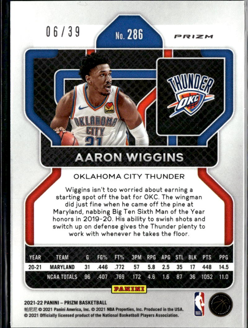 Aaron Wiggins 2021-22 Prizm Blue Scope Prizm RC Rookie 6/39 OKC Thunder