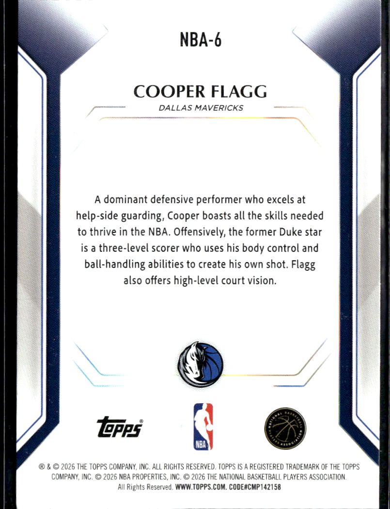Cooper Flagg 2026 Topps Collector's Kit Rookie RC #NBA6 Dallas Mavericks