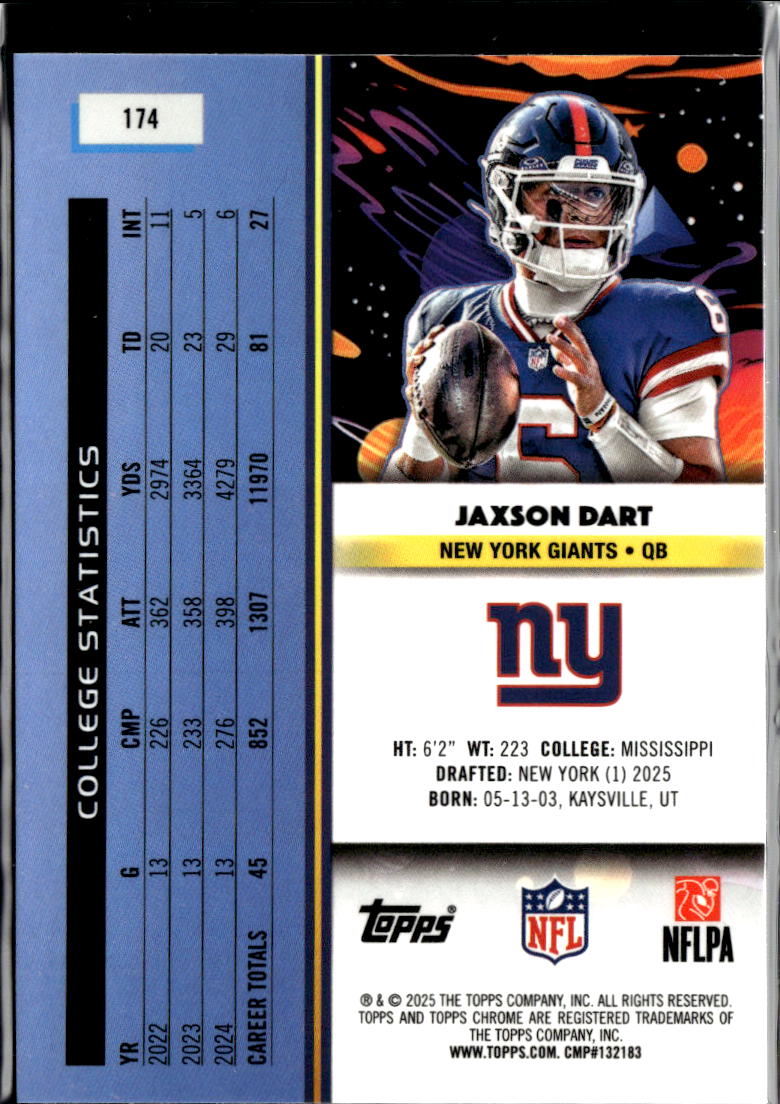 Jaxson Dart 2025 Topps Chrome Cosmic Rookie RC #174 New York Giants