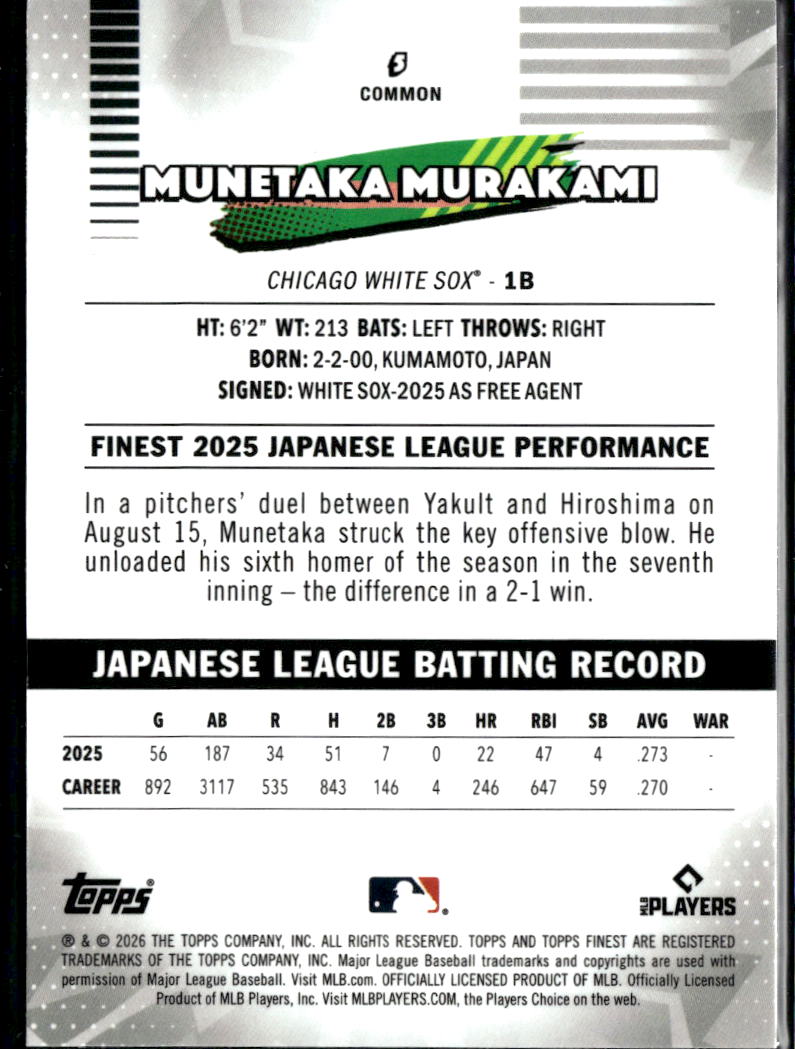 Munetaka Murakami 2026 Topps Finest RC XFractor Rookie Chicago White Sox