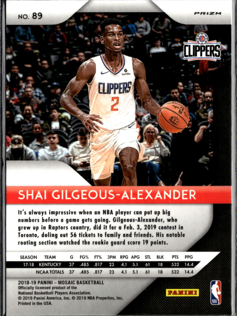 Shai Gilgeous-Alexander 2018-19 Prizm Mosaic Rookie RC Los Angeles Clippers