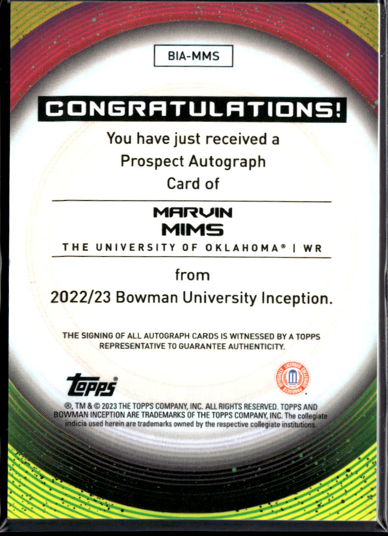 Marvin Mims 2023 Bowman Inception Auto Autograph RC 30/75 Oklahoma Sooners