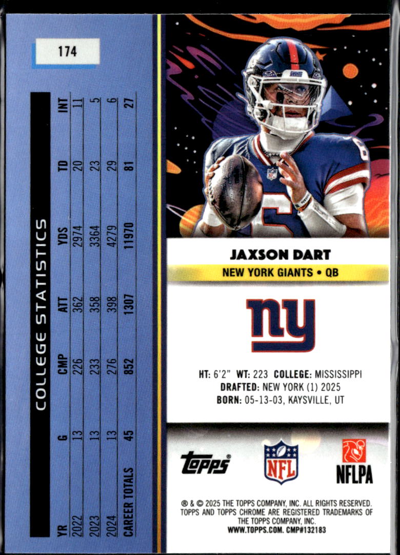 Jaxson Dart 2025 Topps Chrome Cosmic Aqua Shimmer Rookie RC /199 New York Giants